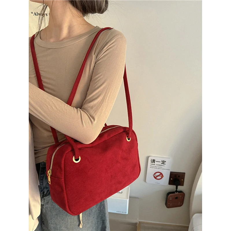 Red Vintage Faux Suede Shoulder Bag Large Capacity Solid Casual Commute Women\'s Tote Bag Summer New All-matching Underarm Bags