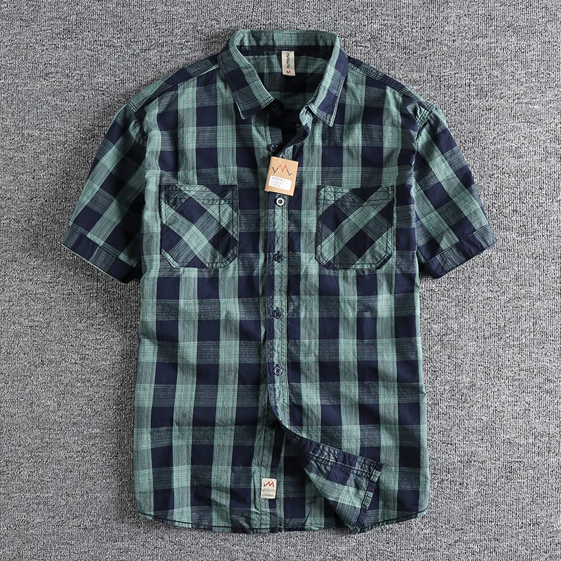 Classic yarn-dyed plaid short-sleeved men\'s shirt summer daily trend all-match washed cotton shirt half sleeve