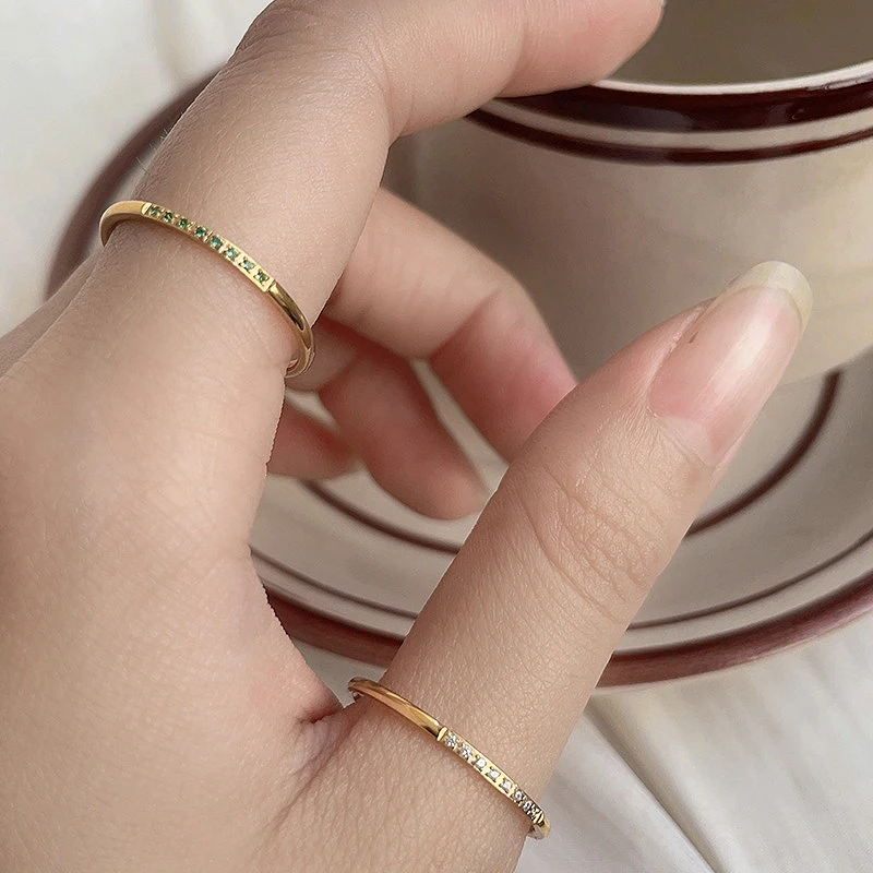 High End PVD Shinny Minimalist White Green Zircon Rings Female Exquisite Stainless Steel Bridal Ring