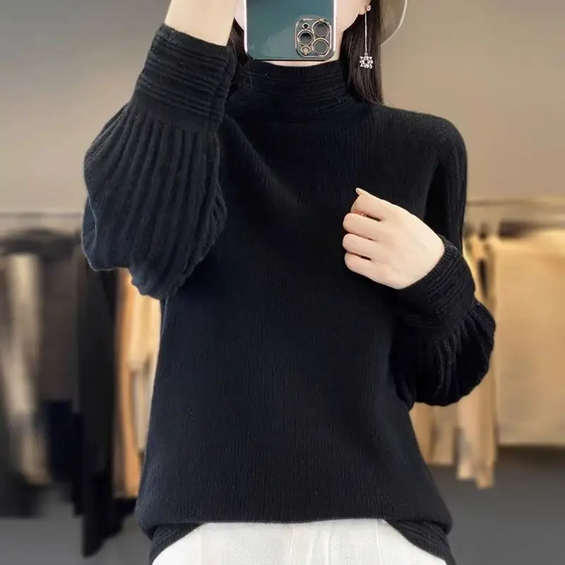 

New Autumn Winter Half Turtleneck Puff Sleeves Women Loose Knitted Base Sweater