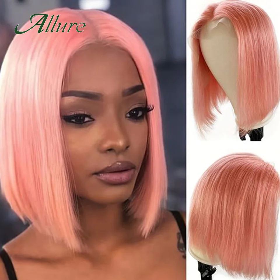 

Brazilian Straight Short Hair Bob Wigs for Women Pink Color Human Hair Lace Wigs Preplucked With Babyhair 180% Density Allure