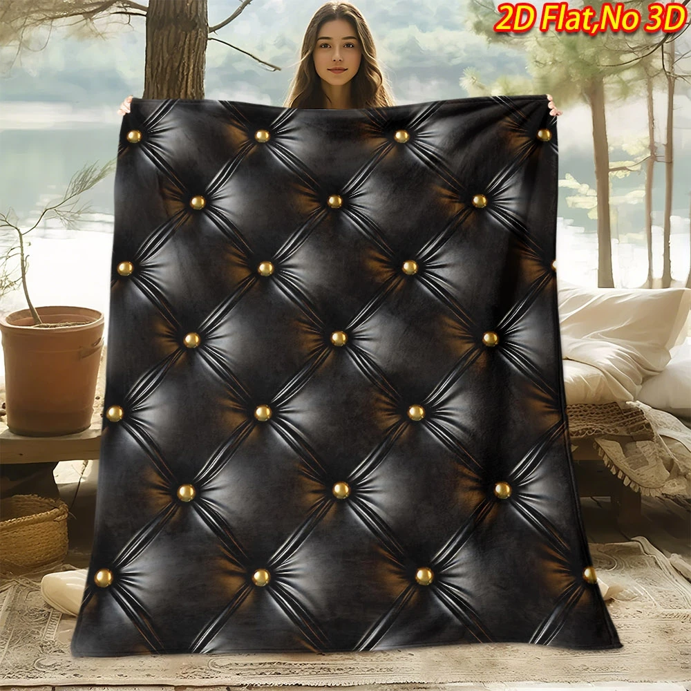 1pc 2D Flat Printing Spring & Summer New Arrival Black Rhombus with Golden Button Pattern Digital Print Blanket, Throw Blanket,