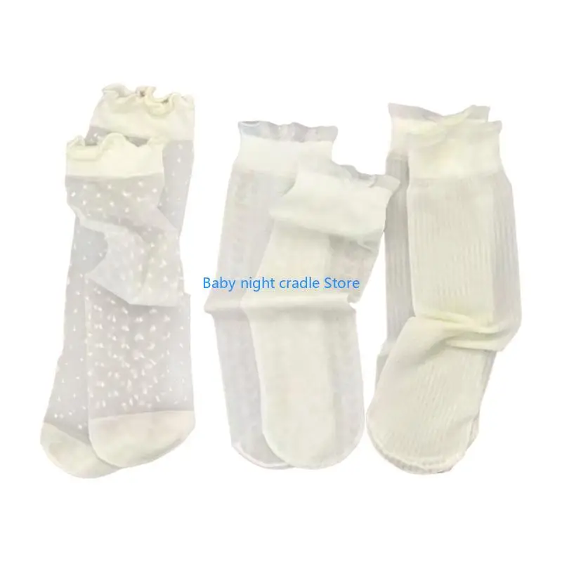 

J2FF Nonslip Child Socks Elastic Ruffle Lace Socks School Dress Socks Soft Ankle Socks Ice Silk Socks for Toddler Girl 3Pairs