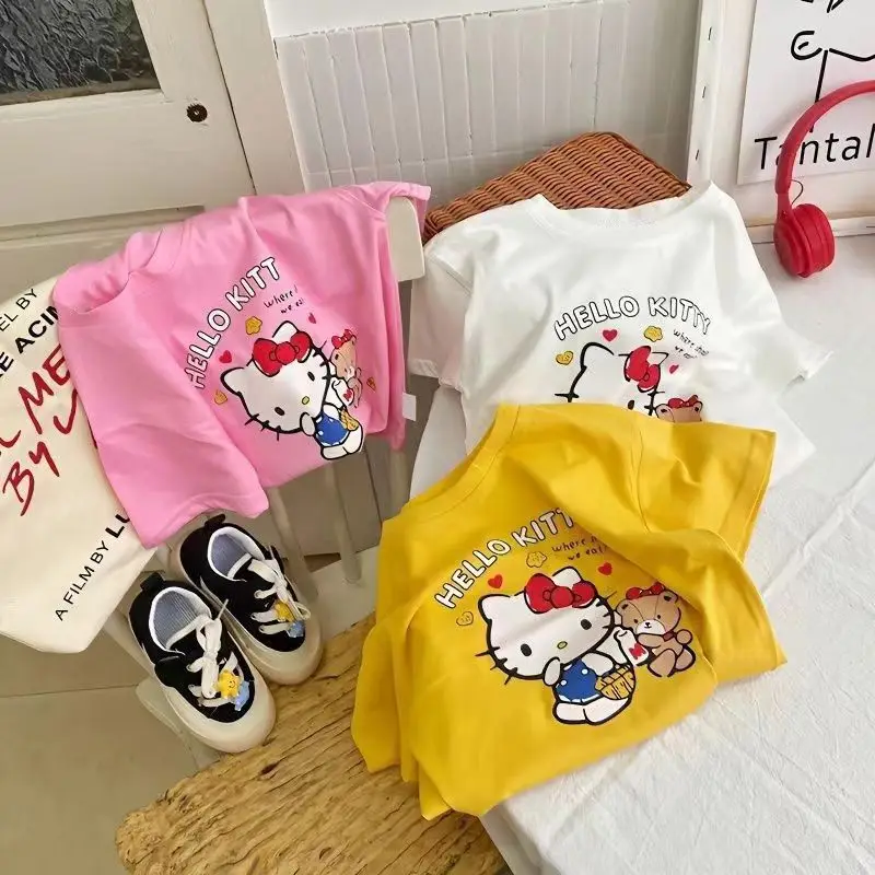 

Sanriou футболка с короткими рукавами «Hello Kitty» для девочек и мальчиков, детская одежда, топ с половиной рукавов, хлопковая мягкая базовая рубашка в стиле аниме Kawaii, летний подарок