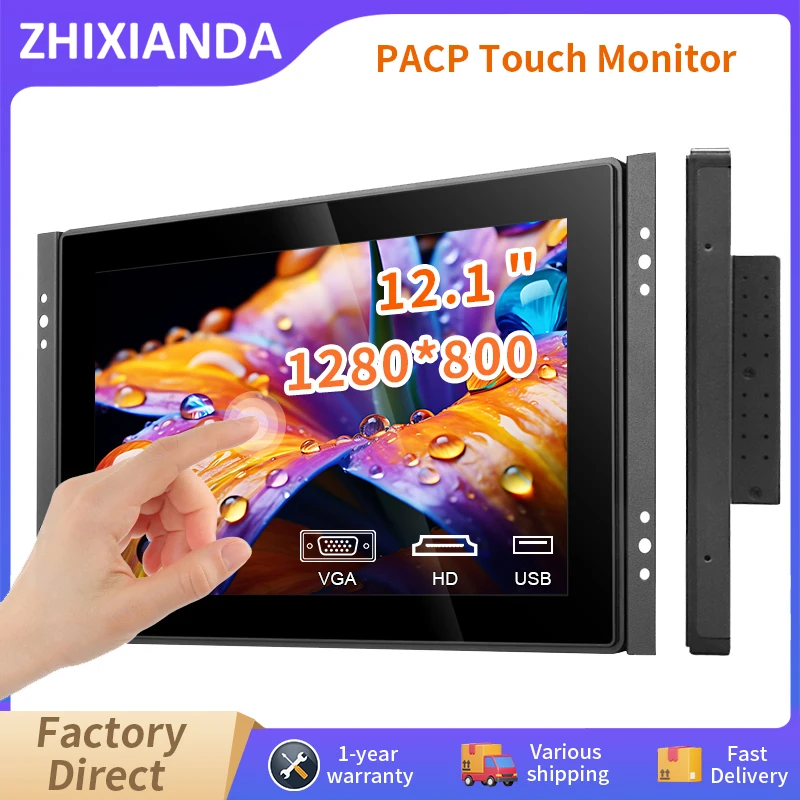 12 Inch Widescreen 1280*800 Waterproof Flat True Capacitive Touch Screen Monitor Industrial Display With VGA HDMI USB