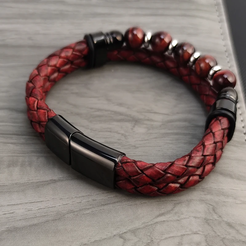 High Quality Multi Layer Braided Rope Leather Bracelet Stainless Steel Men Bangles for Red Natural Stone Charm Women Jewelry