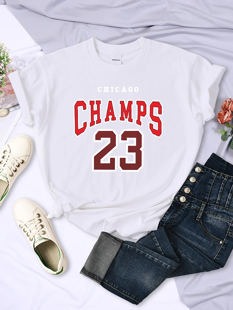 Streetwear CHICAGO CHAMPS 23 t-shirty z nadrukiem damskie Oversize luźny T-Shirt oddychający pot odzież moda Crewneck letnie szczyty