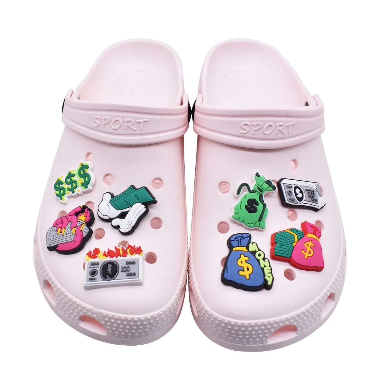 25 Stuks Creatief Geld Thema Schoen Bedels Pakketten Accessoires Set Voor Kinderen Volwassen Schoenen Charme Afneembare Decoratie Groothandel Bulk