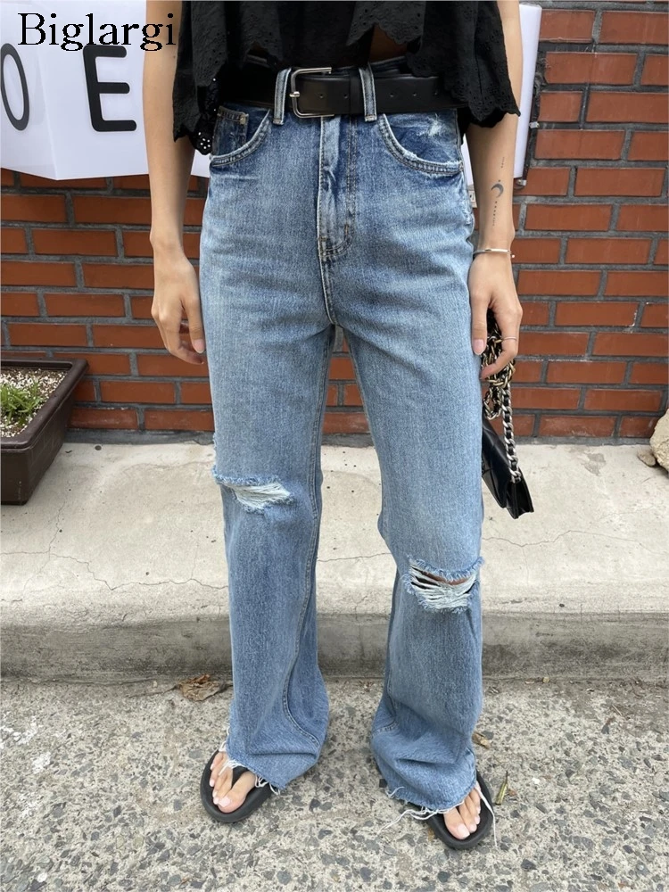 

Jeans Summer High Waist Long Straight Pant Women Hole Fashion Casual Ladies Trousers Korean Style Loose Pleated Woman Pants
