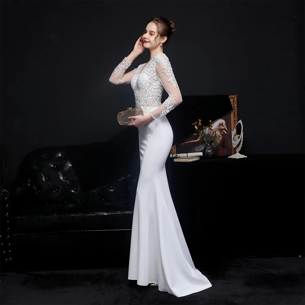 Customized Elegant White Long Wedding Dress For Woman Bride V-neck Decal Long Sleeved Evening Gown Transparent Bridal Gown