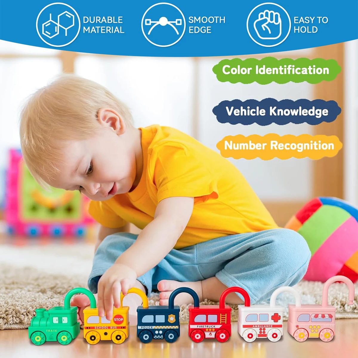 3Pcs Early Learning Lock Unlock Car Train Toy with Keys, Kids Montessori Math Motor Skill Educational Toys, Birthday Xmas Gift