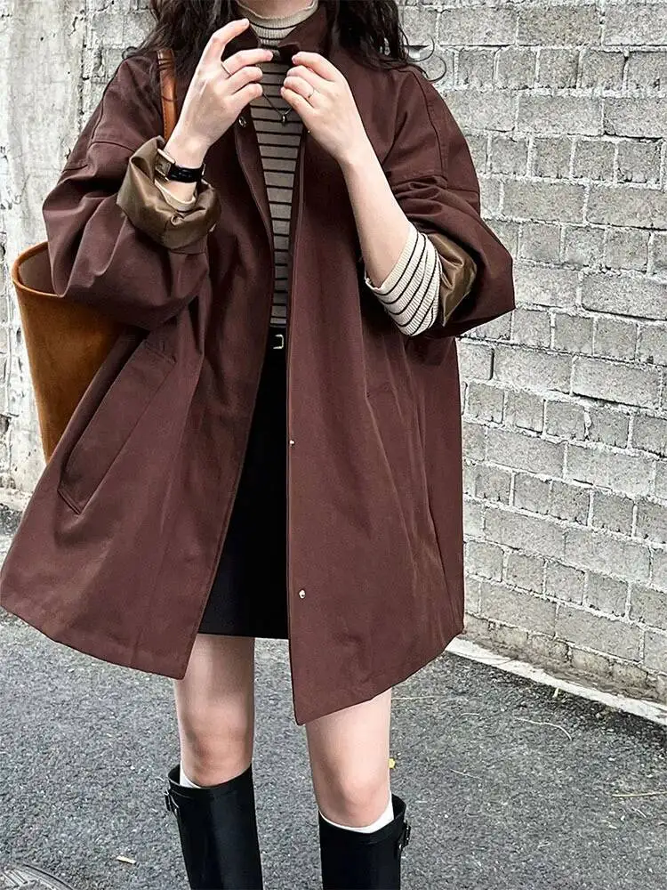 Locker geschnittene Jacke, Oversize, schlichtes Hemd, Basic-Trenchcoat für Damen, mit Revers, einreihig, einfarbig, mit Taschen, Mantel, koreanischer Boyfriend-Stil, Neu. – Detail 9