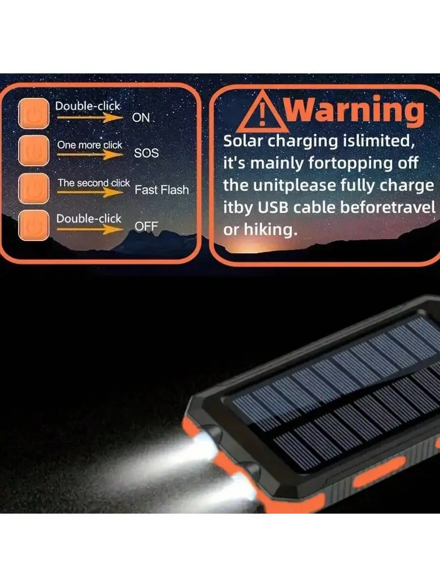 

10000mAh Solar Power Bank With Dual Flashlight Waterproof Portable Charger For Outdoor Camping Travel