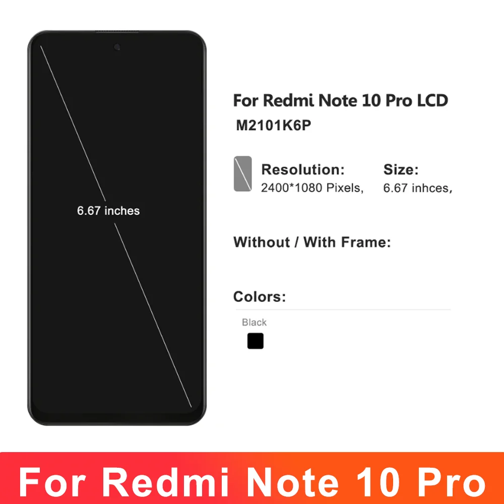 For Xiaomi Redmi Note 10 Pro M2101K6G LCD with Frame Display Touch Screen for Redmi Note 10 Pro LCD Display Replacement