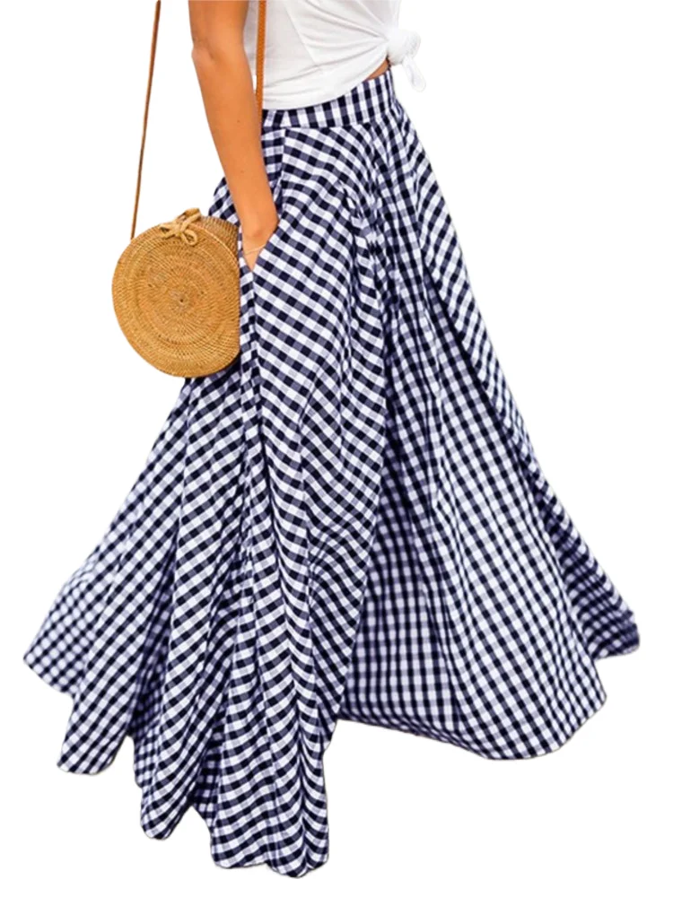

Spring Summer New Women's Fashion Plaid Print Mid Length High Waist Large Swing Skirt With Hanging Feeling And Pocket Skirt