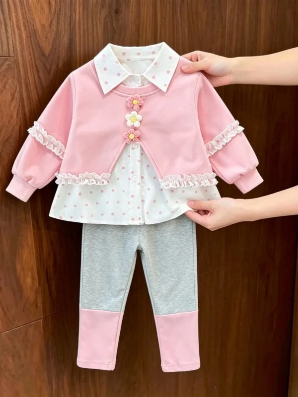 Fashionable Polka Dot Shirt And Pants Set for Little Girls Autumn Collection Two Piece Suit Casual Sportswear for Kids