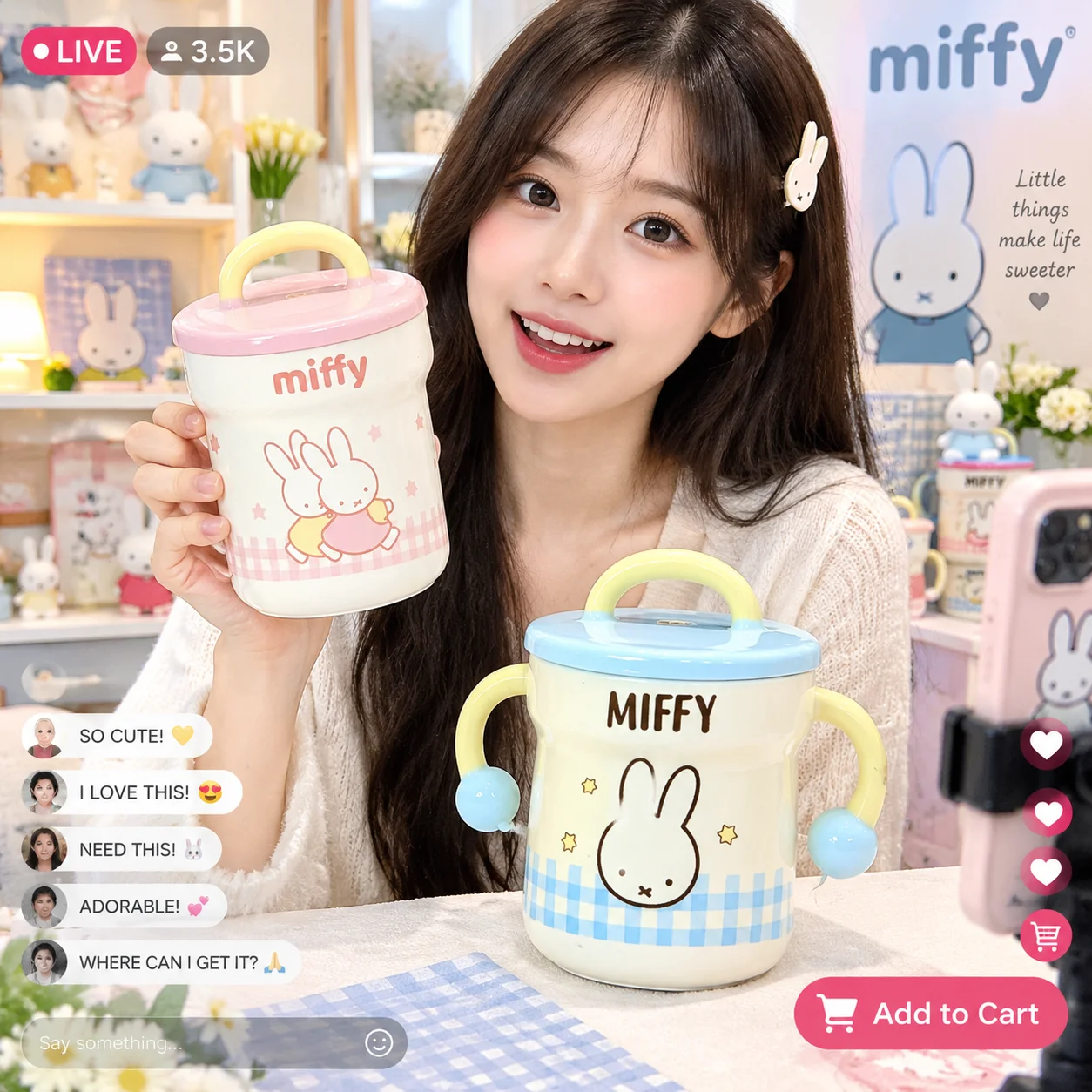 Cute Miffy Ceramic Mug with Lid Coffee Cup for Office High Appearance Water Cup Couple Cup Kawaii Girl Drinkware
