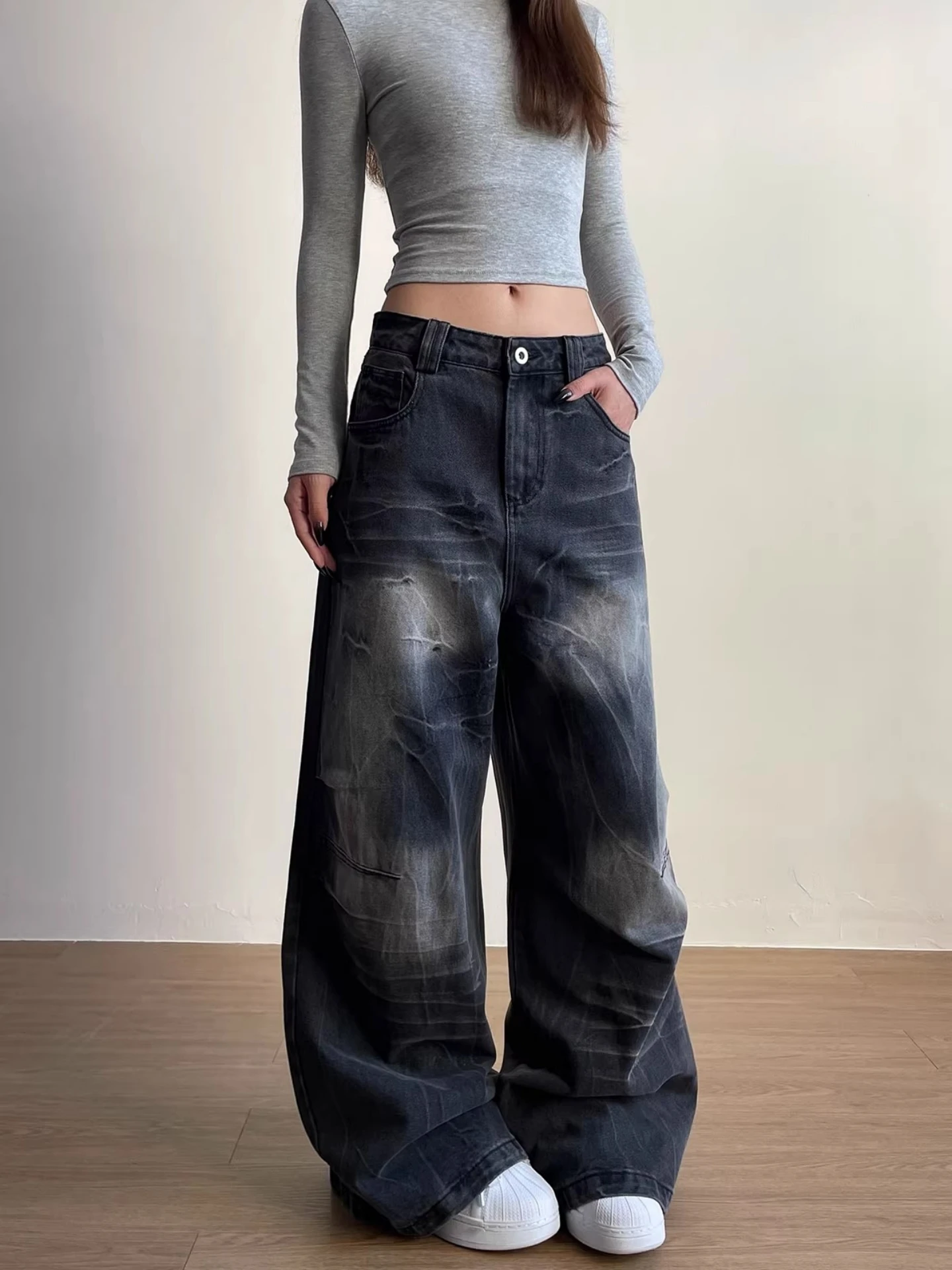 Jeans en denim déchiré à taille haute American Sle pour femmes, pantalon ample à jambes larges, style vintage, pli, élégant