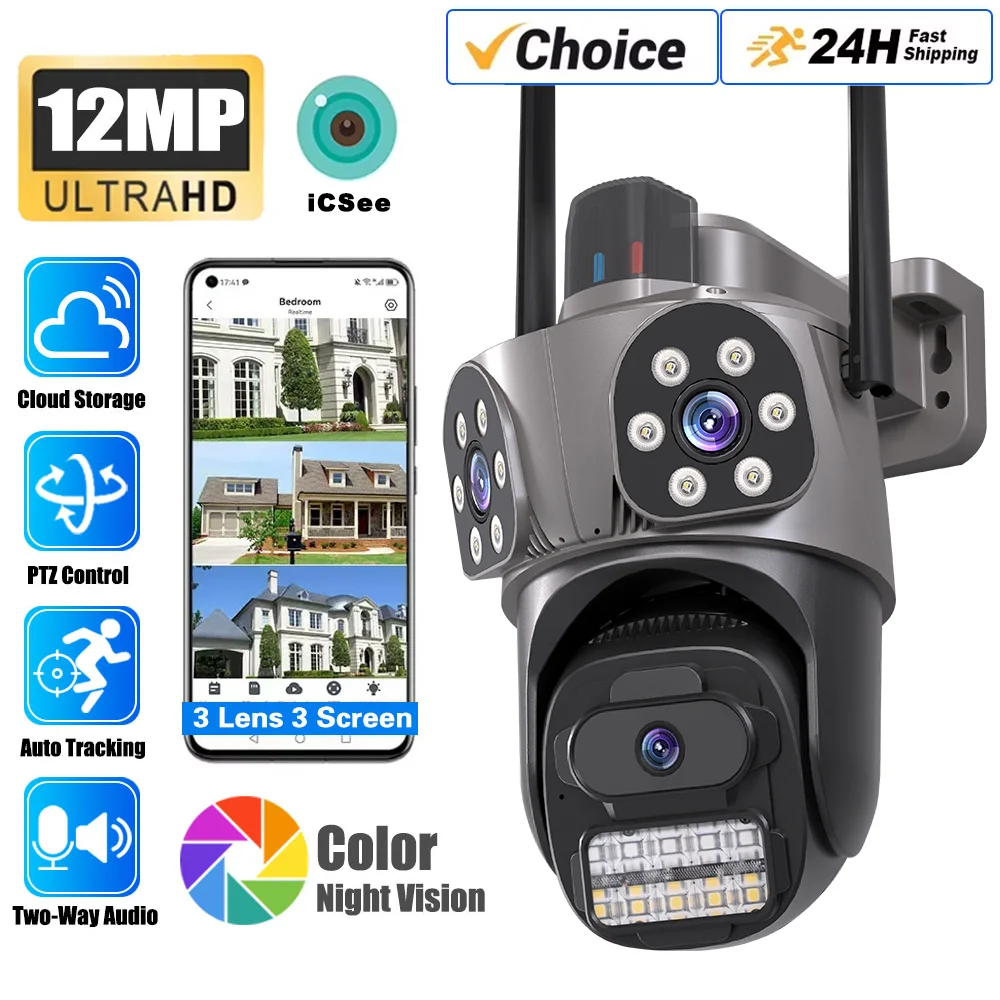 

12MP 6K HD WiFi IP Camera Outdoor Three Lens Three Screen PTZ Camera Auto Tracking Home Security CCTV Surveillance 6MP iCSee Cam