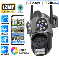 12MP 6K HD WiFi IP Camera Outdoor Three Lens Three Screen PTZ Camera Auto Tracking Home Security CCTV Surveillance 6MP iCSee Cam