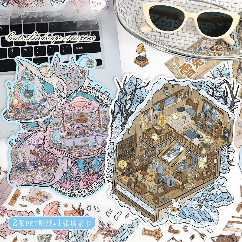 

Vintage 3D Diorama Stickers Set Miniature Scene Decals for Journals Creative Design Whale Animal Anime Landscape Sticker Gift