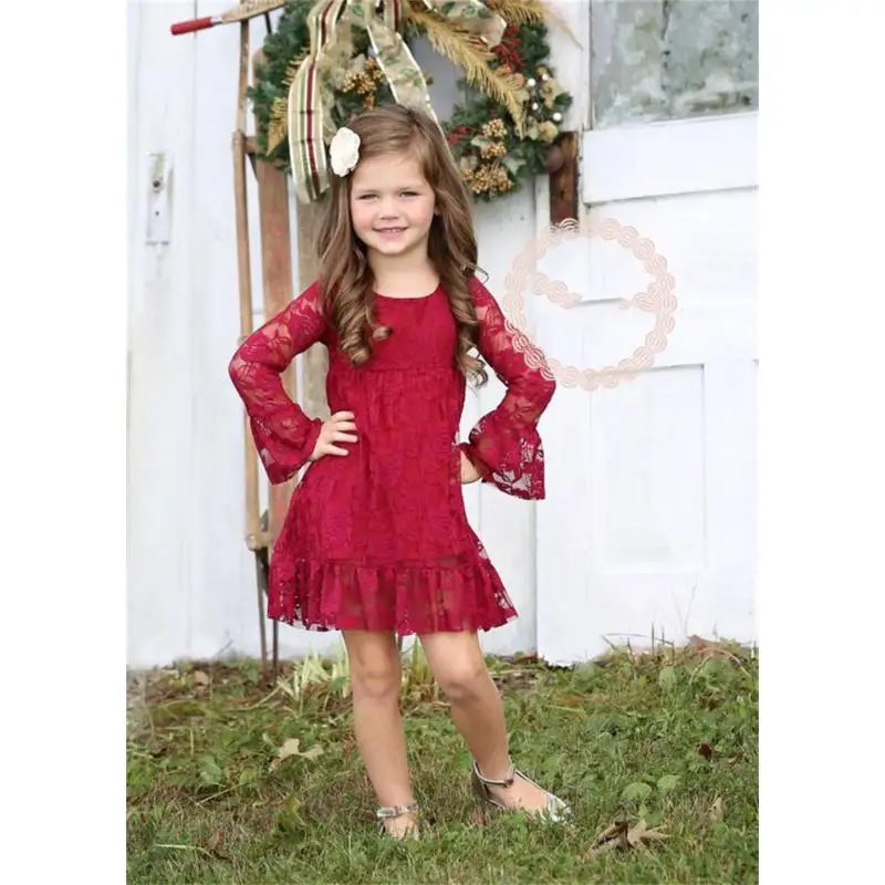 

2025 Boho Formal Dresses for Little Girls Vintage Wine Red Long Flower Girls' Dresses Lace Long Sleeves robe de bal princesse