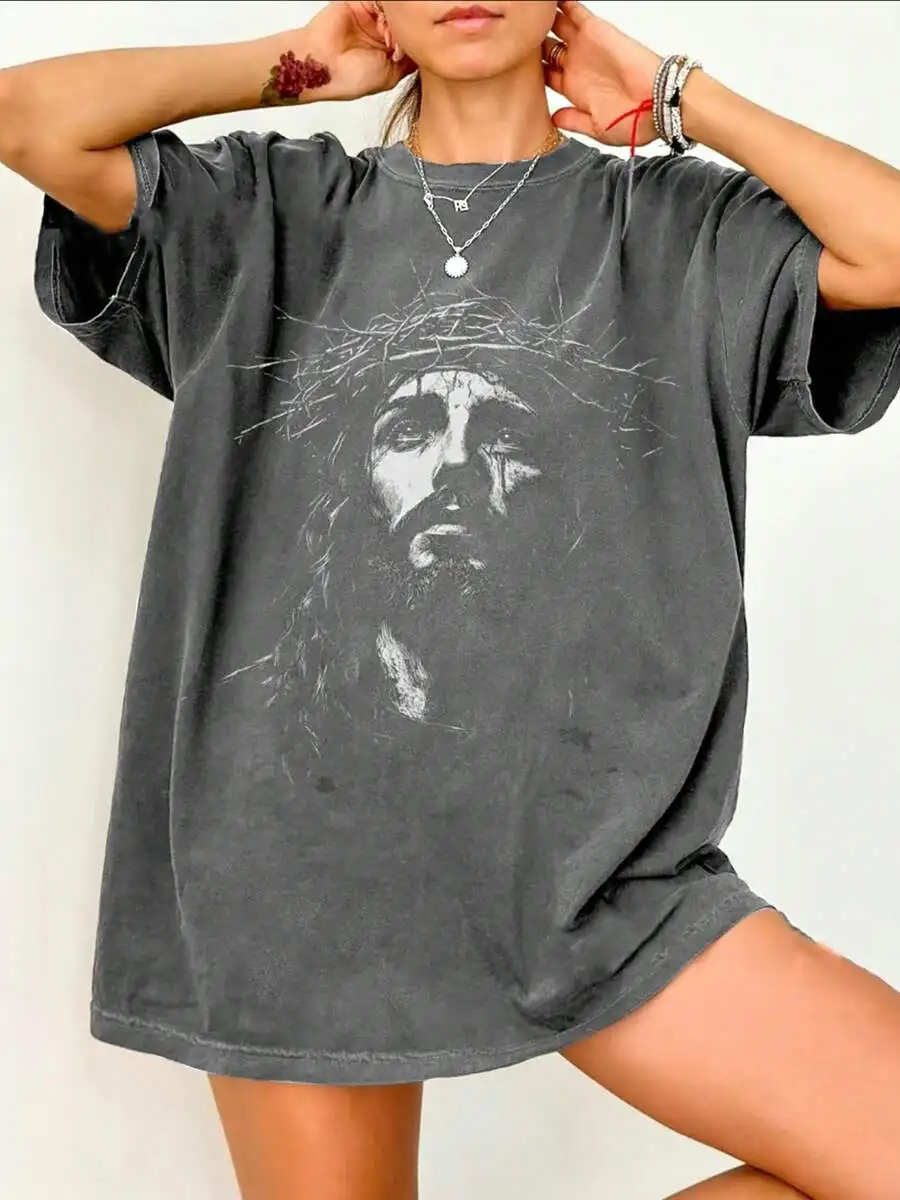 

Distressed Gray Oversized Graphic Tee with Crown of Thorns Print, 100% Cotton, Casual Loose Fit