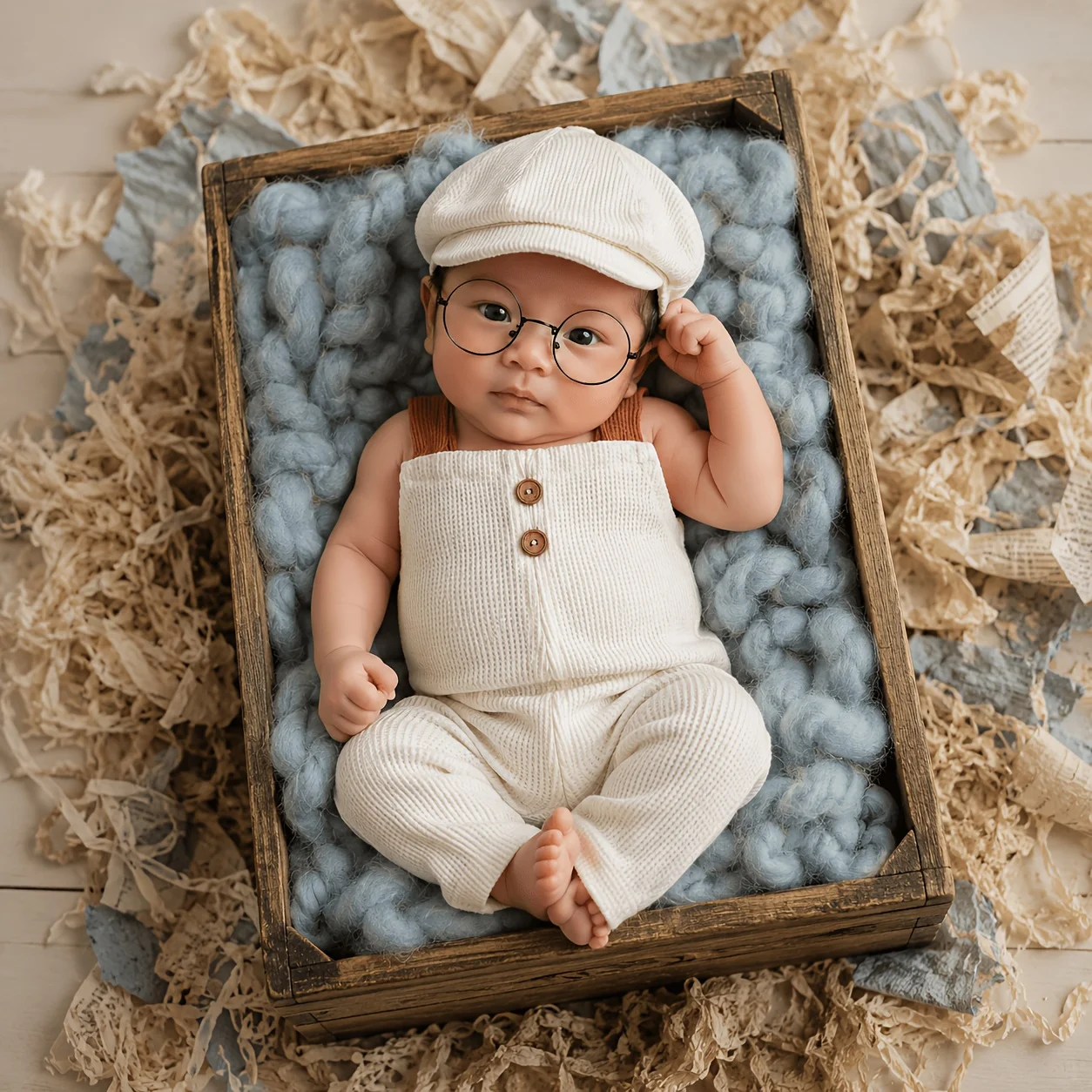 conjunto-de-roupas-para-fotografia-de-bebe-menino-macacao-retro-de-malha-waffle-jardineira-chapeu-de-jornaleiro-Oculos-e-calcas-com-suspensorios-para-ensaio-fotografico