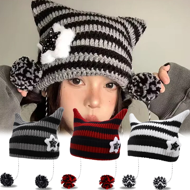 

Women Skullies Bonnet Winter Wool Knitted Striped Hat Warm Korean Pullover Cap Hip-hop Girl Demon Star Beanies Cold-proof 2023