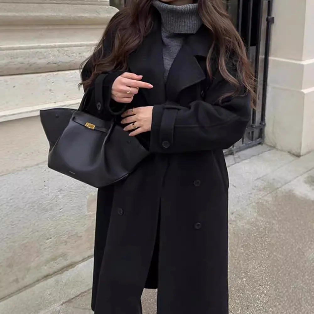 2025 Autumn and Winter Temperament Lapel Long Waist Tie Woolen Coat Warm Coat for Women Winter Clothes Women