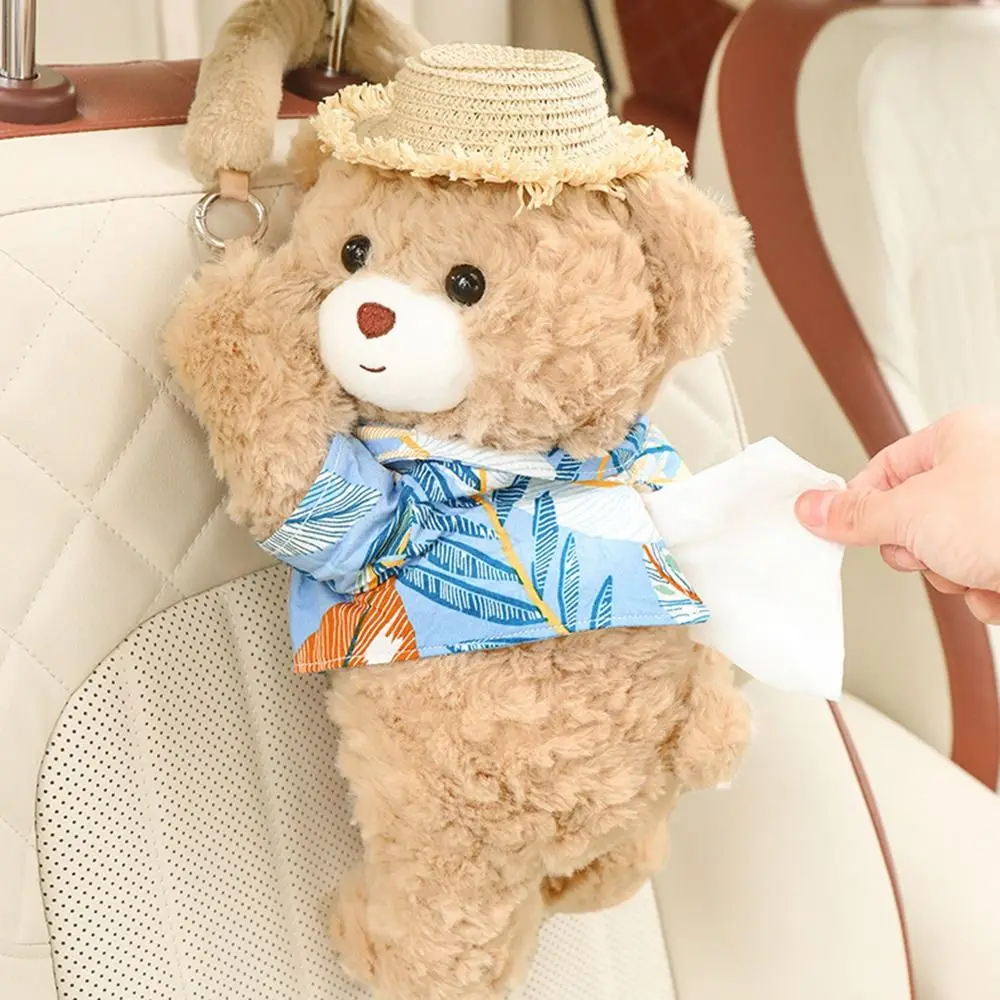 Cartoon Plush Bear Vehicle Tissue Bag Soft Fluffy Animal Hanging Tissue Holder Portable Decorative Plush Tissue Box Dispenser