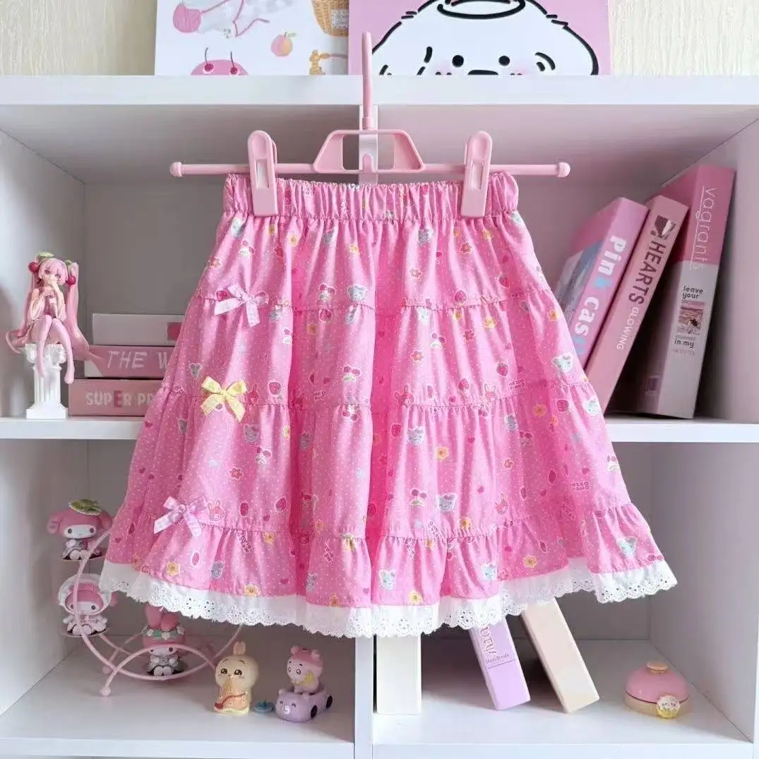 لوليتا طباعة القمم القوس كعكة بلوزة Y2K JK لوليتا اليابان Kawaii فتاة لطيف الحلو الدانتيل تي شيرت ألف خط تقسم كعكة تنورة جديد شيك