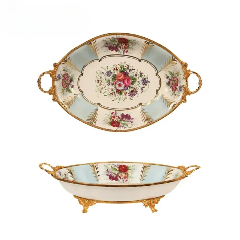 

Exquisite European style colored painted porcelain, light fresh fruit plate copper color household fruit plate