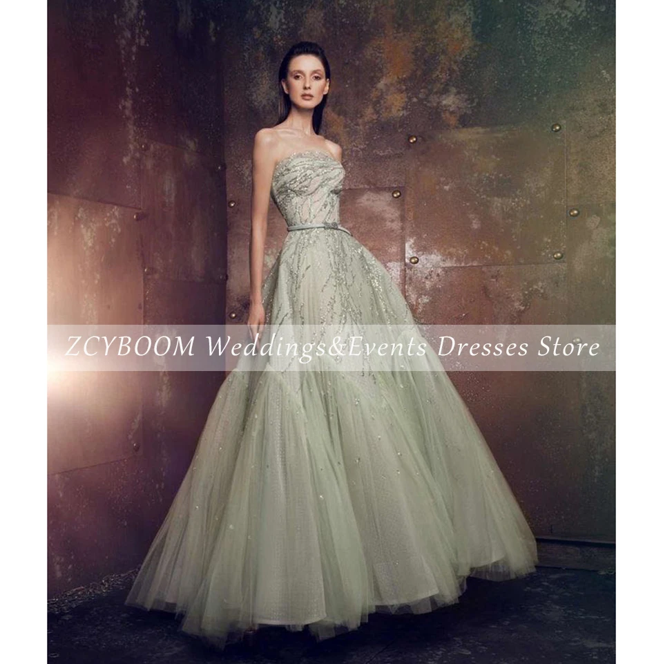 Customized Green Strapless Sequin Appliques Sleeveless Evening Dress 2024 A-Line Floor Length Pearls Tulle Zipper Prom Dress