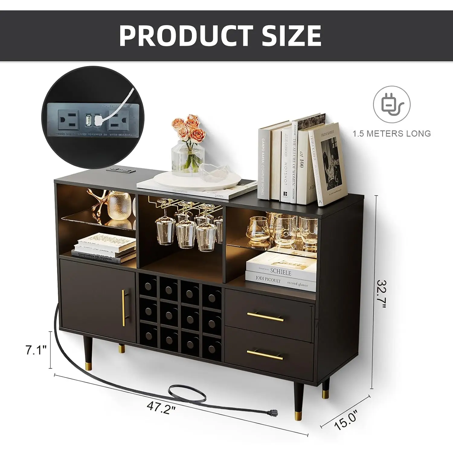 Bar Cabinet LED Charging Station Buffet Sideboard Wine Liquor Storage 47 Inch Black, Customized