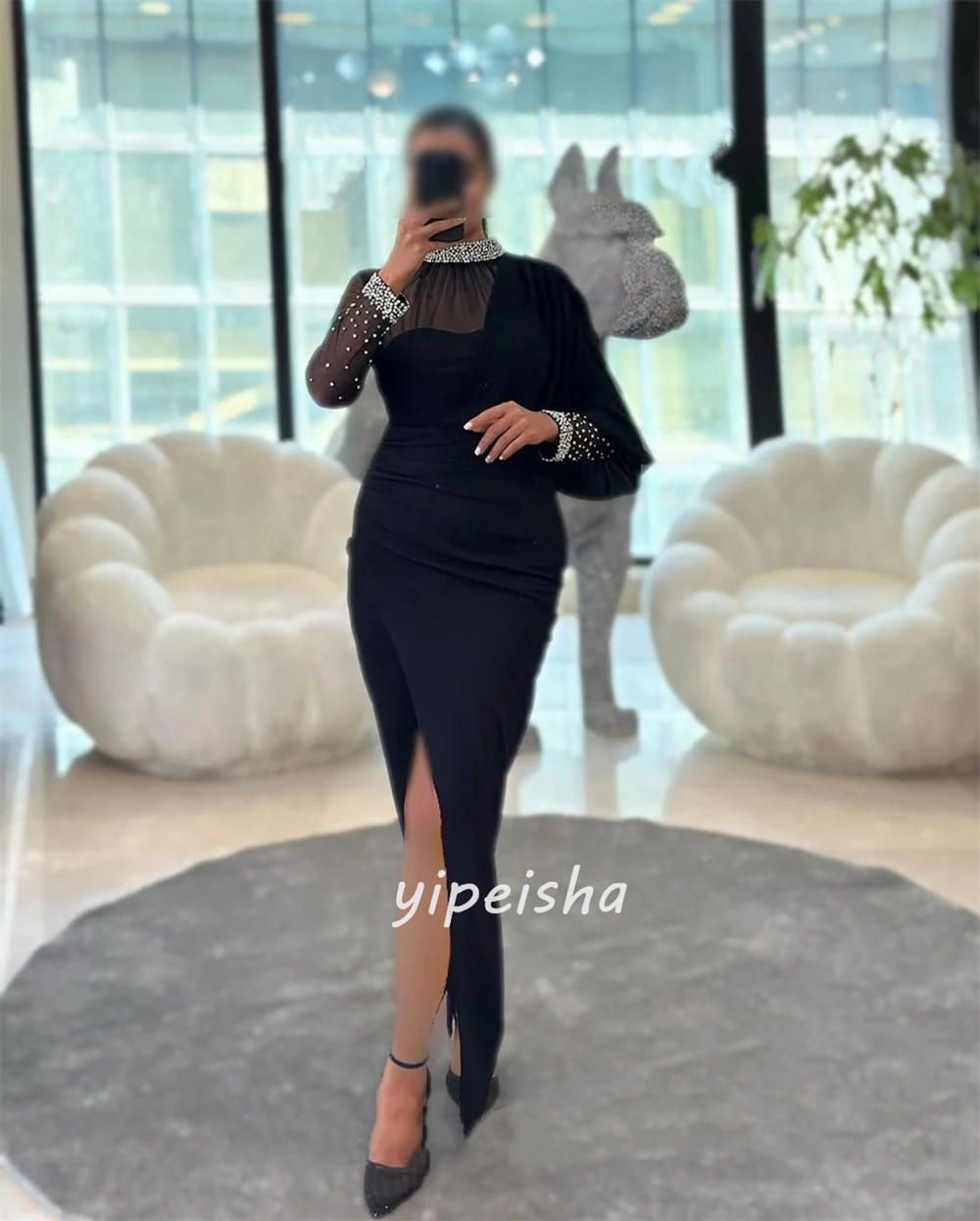 تخصيص الرسمي الكلاسيكي جيرسي حجر الراين الطية العمود عالية طوق الكاحل طول فساتين مناسبة مخصصة فساتين النمط الحديث