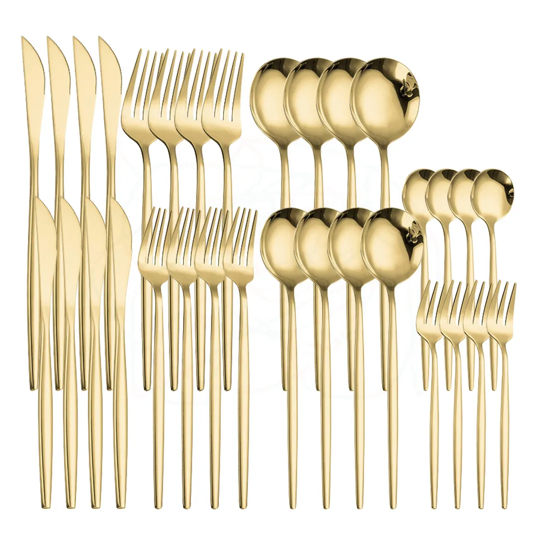 

Golden Stainless Steel Cutlery Set Western Kitchen Dinnerware 32pcs Knifes Forks Tea Spoons Tableware Set Eco Friendly Flatware