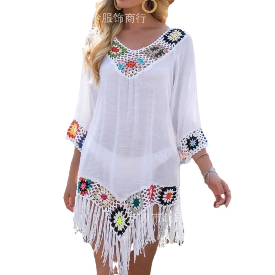 Colorful Floral Block Crochet Fringed Beach Dress Sexy Asymmetric Hem Swim Cover Up for Summer Vacation