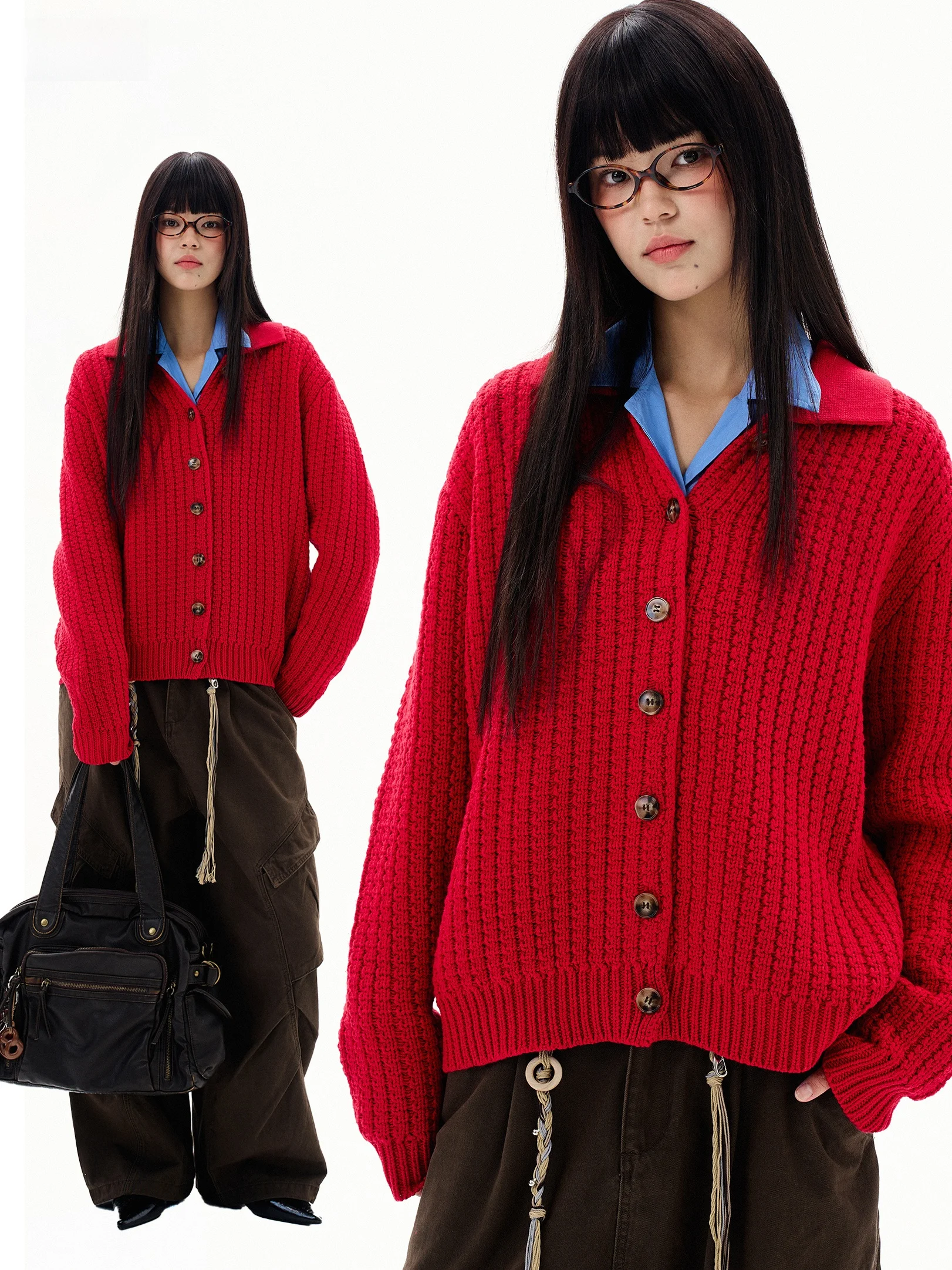 

American Retro Red Knitted Sweater Button Collar Loose Casual Top Women's Cotton Acrylic Fiber Blend Open Cardigan Style