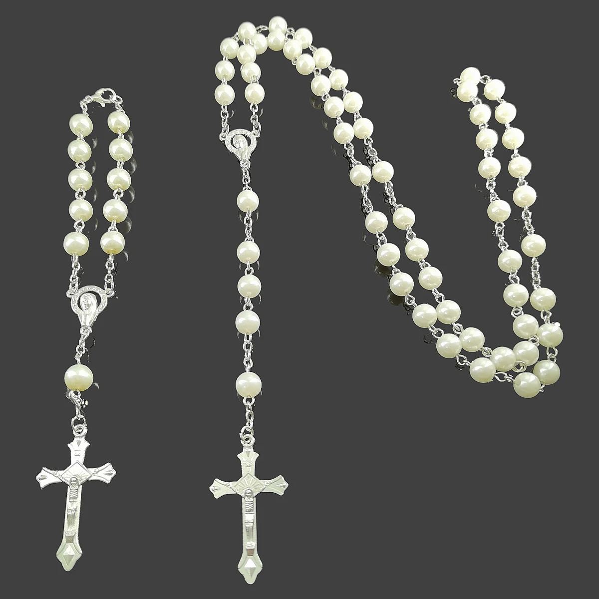 2024 Latest Religious Jewelry Imitation Pearl Long Sweater Chain and Bracelet Cross Pendant Jewelry Set for a good Christian