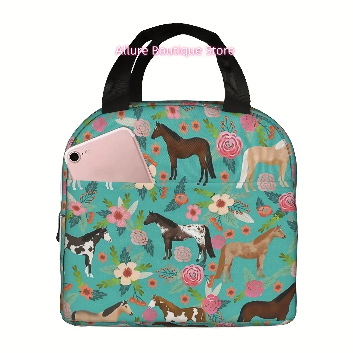1pc DRONE PILOT Insulated Lunch Bag, Floral & Multicolor Horse Design, Waterproof Oxford Cloth Cooler Tote, Hand Washable Therma