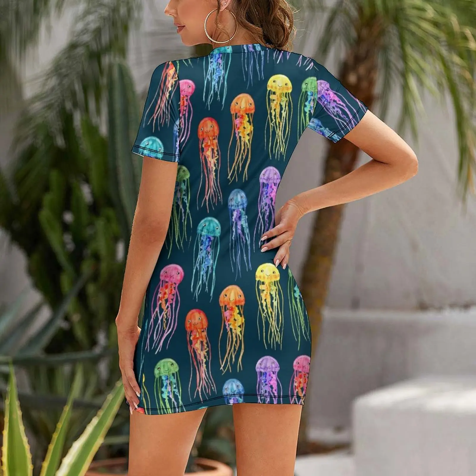 Rainbow Watercolor Jellies on Dark Teal Short Sleeved Dress women long dresses loose women's dress Dress