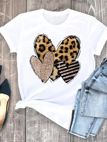 Imagen 1 del producto Ropa de verano leopardo amor corazón dulce moda mujer camisetas pantalón corto Casual manga Regular mujer gráfico camiseta ropa