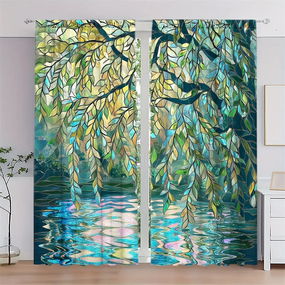 

2Pcs Curtains Stained Glass Willow Trees by The River Pattern Window Drapes for Bedroom Room Decor Decoration Window Treatment.