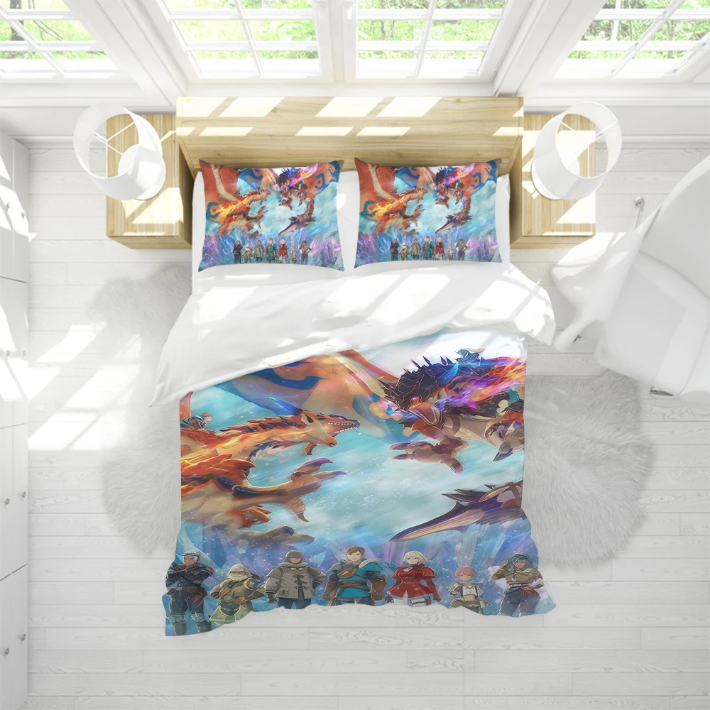 Game M-Monster Hunter Stories 3 Duvet Cover Set Soft Wash Bed 3 Piece Summer Comfortable Student Dormitory Home Baby Bedding
