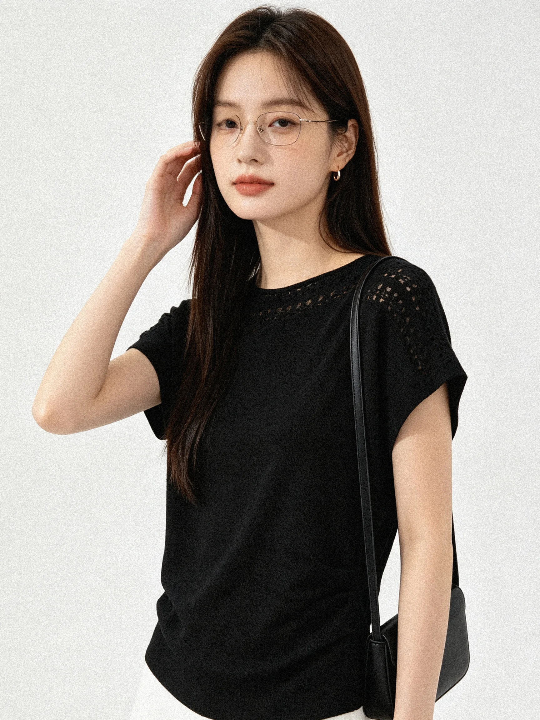 Korean Style Summer Gentle Wind Hollow out Short Sleeve T-Shirt Skin-friendly Breathable Waist-cinching Slimming Top