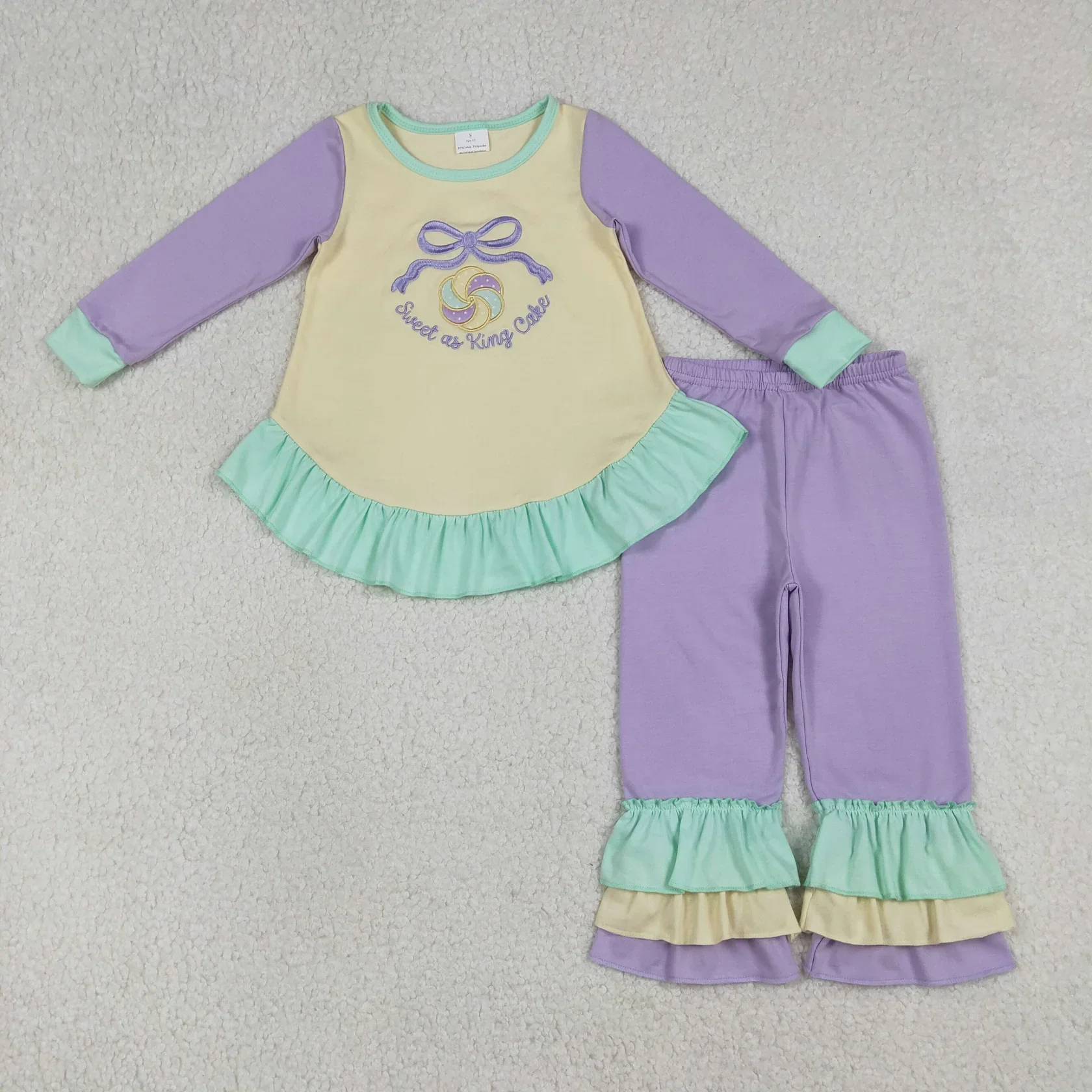 Wholesale Baby Girl Kids Long Sleeves Embroidery Bow Tunic Clothes Purple Pants Girls Outfit Toddler Children Mardi Gras Set
