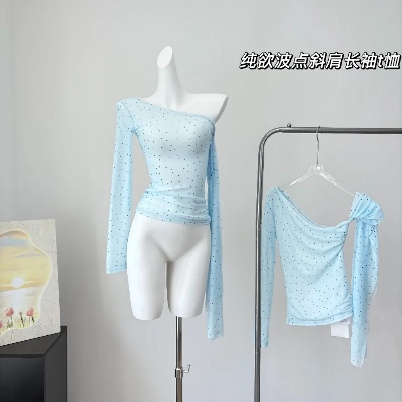 

Pure Sexy Off Shoulder T-shirt Top Women's Spring Slim Fit Polka Dot Off Shoulder Long-sleeved T-shirt Fashion Female Clothes