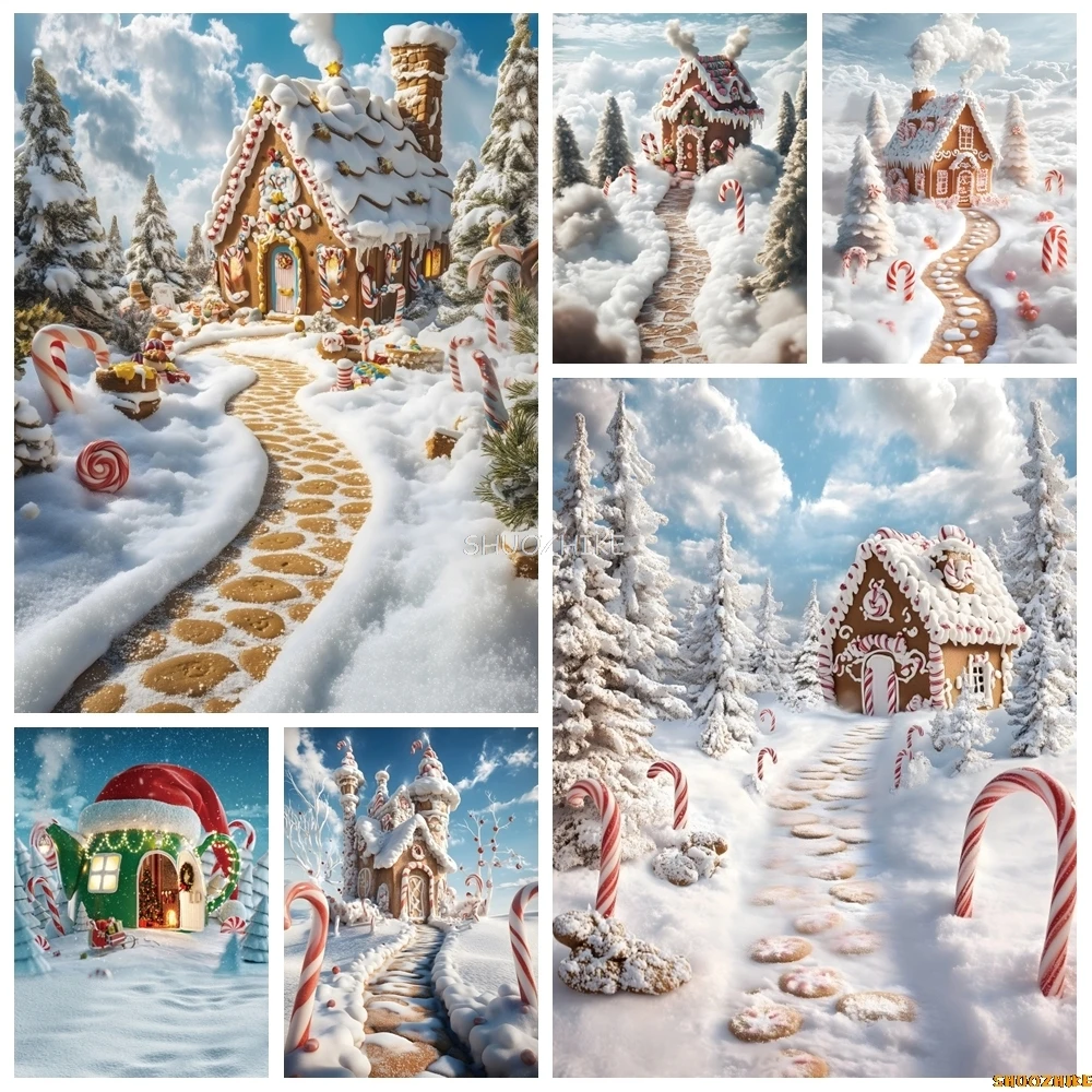 Winter Snow Christmas Backdrop Gingerbread House Candy Cane Baby Portrait Xmas Eve Family Kids Portrait Photography Background