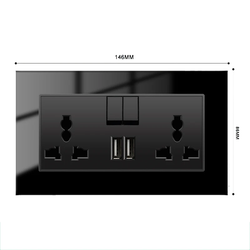 

International Multi-function Socket Black Tempered Glass Panel Wall Light Push Button Switch 13A Outlet Curtain Switch